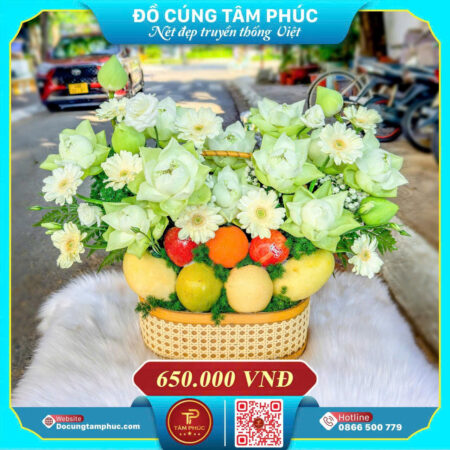Mâm cúng cô Sáu đơn giản hoa sen trắng