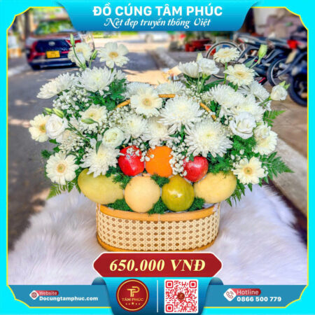 Mâm cúng cô Sáu đơn giản hoa cúc gói 1